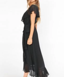 Show Me Your Mumu Dresses Jess Ruffle Midi Dress ~ Black Chiffon