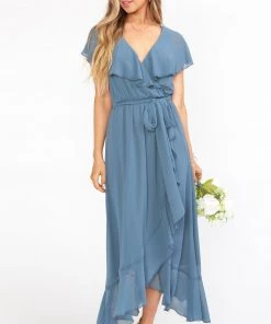Show Me Your Mumu Dresses Jess Ruffle Midi Dress ~ Slate Blue Chiffon