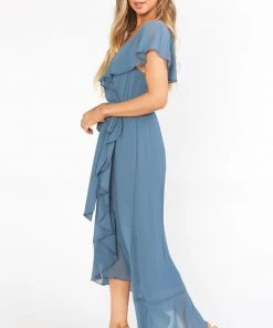 Show Me Your Mumu Dresses Jess Ruffle Midi Dress ~ Slate Blue Chiffon