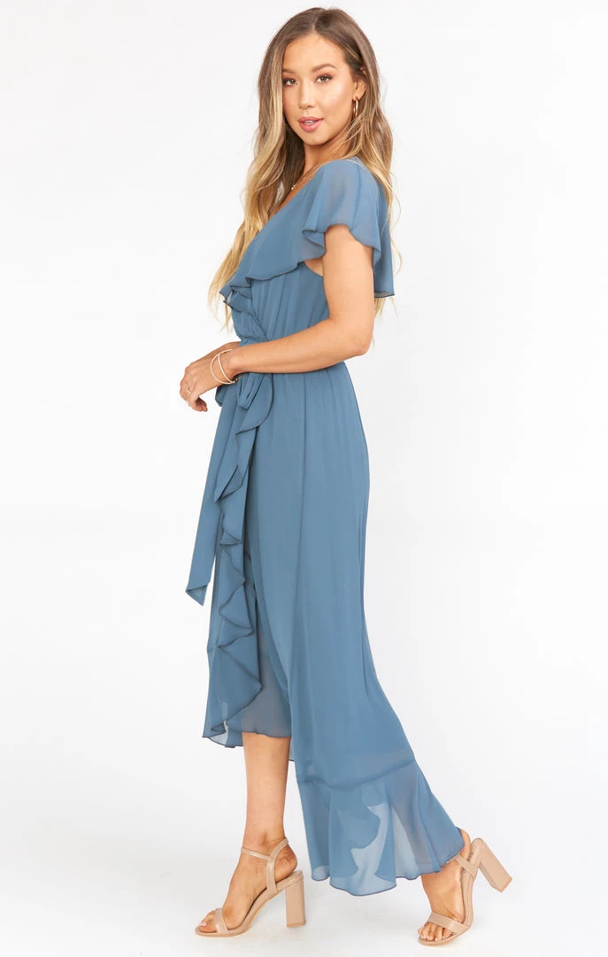 Show Me Your Mumu Dresses Jess Ruffle Midi Dress ~ Slate Blue Chiffon 4 Show Me Your Mumu Dresses Jess Ruffle Midi Dress ~ Slate Blue Chiffon