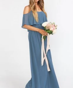 Show Me Your Mumu Bridesmaids Dresses Caitlin Ruffle Maxi Dress ~ Slate Blue Chiffon