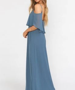 Show Me Your Mumu Bridesmaids Dresses Caitlin Ruffle Maxi Dress ~ Slate Blue Chiffon