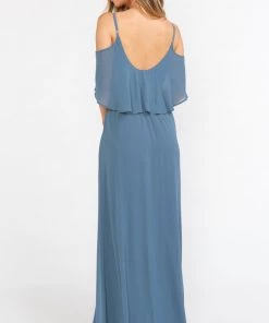 Show Me Your Mumu Bridesmaids Dresses Caitlin Ruffle Maxi Dress ~ Slate Blue Chiffon