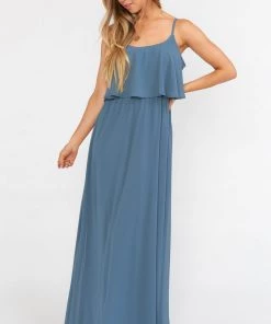 Show Me Your Mumu Bridesmaids Dresses Caitlin Ruffle Maxi Dress ~ Slate Blue Chiffon