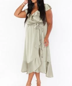 Show Me Your Mumu Dresses Samantha Ruffle Wrap Dress ~ Moss Green Luxe Satin