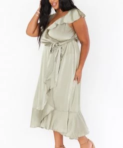 Show Me Your Mumu Dresses Samantha Ruffle Wrap Dress ~ Moss Green Luxe Satin