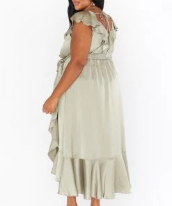 Show Me Your Mumu Dresses Samantha Ruffle Wrap Dress ~ Moss Green Luxe Satin