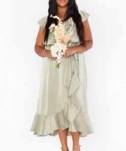 Show Me Your Mumu Dresses Samantha Ruffle Wrap Dress ~ Moss Green Luxe Satin