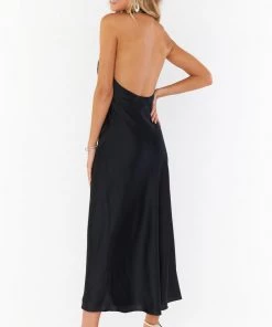 Show Me Your Mumu Jasmine Halter Midi Dress ~ Black Luxe Satin