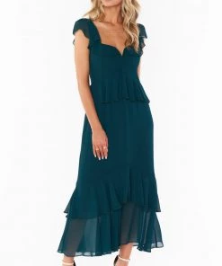 Show Me Your Mumu Bridesmaids Dresses Reese Ruffle Dress ~ Emerald Chiffon