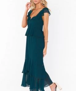 Show Me Your Mumu Bridesmaids Dresses Reese Ruffle Dress ~ Emerald Chiffon