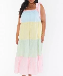 Show Me Your Mumu New Mu Sabrina Maxi Dress ~ Mixed Easter Stripe