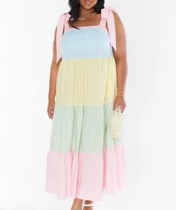 Show Me Your Mumu New Mu Sabrina Maxi Dress ~ Mixed Easter Stripe
