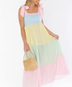 Show Me Your Mumu New Mu Sabrina Maxi Dress ~ Mixed Easter Stripe