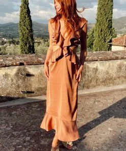 Show Me Your Mumu Zoey Midi Dress ~ Copper Luxe Satin