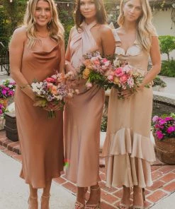 Show Me Your Mumu Jasmine Halter Midi Dress ~ Rose Gold Luxe Satin