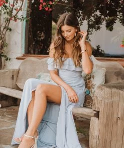 Show Me Your Mumu Bridesmaids Dresses Emma Ruffle Maxi Dress ~ Steel Blue Chiffon