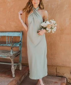 Show Me Your Mumu Bridesmaids Dresses Jasmine Halter Midi Dress ~ Moss Green Crisp