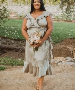 Show Me Your Mumu Dresses Samantha Ruffle Wrap Dress ~ Moss Green Luxe Satin