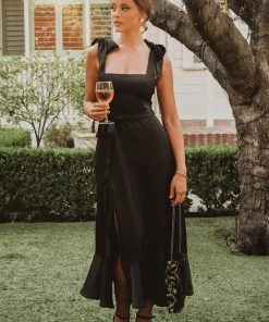 Show Me Your Mumu New Mu Claire Midi Dress ~ Black Luxe Satin