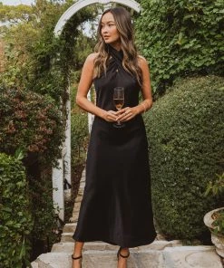 Show Me Your Mumu Jasmine Halter Midi Dress ~ Black Luxe Satin