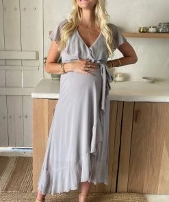 Show Me Your Mumu Jess Ruffle Midi Dress ~ Dove Grey Chiffon Dresses