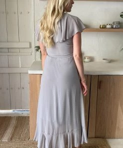 Show Me Your Mumu Jess Ruffle Midi Dress ~ Dove Grey Chiffon Dresses