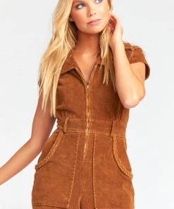Show Me Your Mumu New Mu Outlaw Romper ~ Saddle Brown Corduroy
