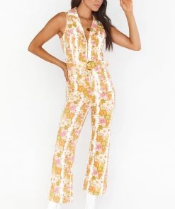 Show Me Your Mumu Jacksonville Cropped Jumpsuit ~ Groovy Blooms Stripe Denim
