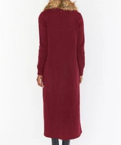 Show Me Your Mumu New Mu Lombardi Long Cardi ~ Wine Knit With Faux Fur