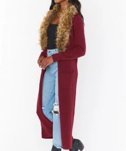 Show Me Your Mumu New Mu Lombardi Long Cardi ~ Wine Knit With Faux Fur