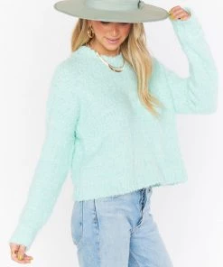 Show Me Your Mumu New Mu Cropped Varsity Sweater ~ Mint Knubby Knit