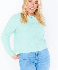 Show Me Your Mumu New Mu Cropped Varsity Sweater ~ Mint Knubby Knit