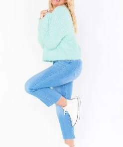 Show Me Your Mumu New Mu Cropped Varsity Sweater ~ Mint Knubby Knit