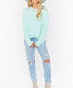 Show Me Your Mumu New Mu Cropped Varsity Sweater ~ Mint Knubby Knit