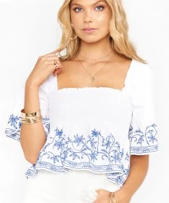 Show Me Your Mumu Maria Top ~ Blue Embroidery Tops