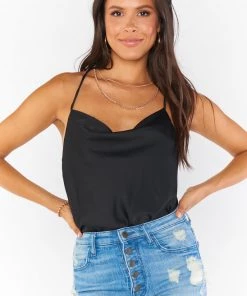 Show Me Your Mumu New Mu Diane Bodysuit ~ Black Luxe Satin