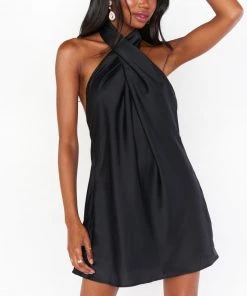 Show Me Your Mumu Jasmine Halter Mini Dress ~ Black Luxe Satin New Mu
