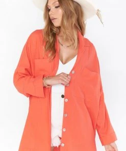 Show Me Your Mumu Tops Johns Button Down Shirt ~ Coral Linen