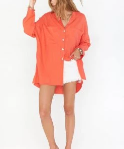 Show Me Your Mumu Tops Johns Button Down Shirt ~ Coral Linen
