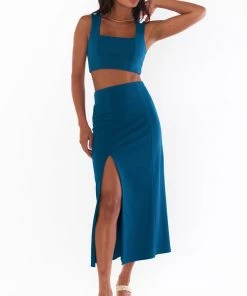 Show Me Your Mumu New Mu Cecilia Midi Skirt ~ Jade Green Stretch