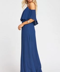 Show Me Your Mumu Caitlin Ruffle Maxi Dress With Long Lining ~ Rich Navy Crisp