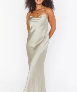 Show Me Your Mumu Dresses Tuscany Maxi Slip Dress ~ Moss Green Luxe Satin