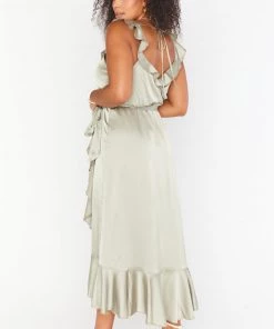 Show Me Your Mumu Dresses Samantha Ruffle Wrap Dress ~ Moss Green Luxe Satin