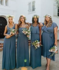 Show Me Your Mumu Bridesmaids Dresses Caitlin Ruffle Maxi Dress ~ Slate Blue Chiffon