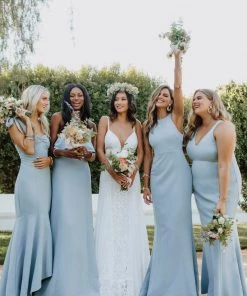 Show Me Your Mumu Chicago High Neck Gown ~ Silver Sage Stretch Crepe Bridesmaids Dresses