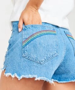 Show Me Your Mumu Denim Arizona High Waisted Shorts ~ Delta With Rainbow Embroidery 12 Show Me Your Mumu Denim Arizona High Waisted Shorts ~ Delta With Rainbow Embroidery