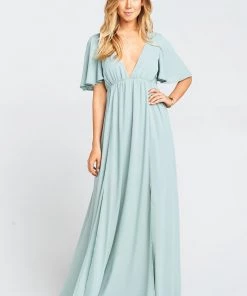 Show Me Your Mumu Faye Flutter Maxi Dress ~ Silver Sage Crisp Bridesmaids Dresses