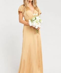 Show Me Your Mumu Noelle Wrap Dress ~ True Gold Luxe Satin Bridesmaids Dresses