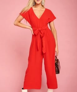 Show Me Your Mumu Alia Jumpsuit ~ Tango Red Crinkle Stretch